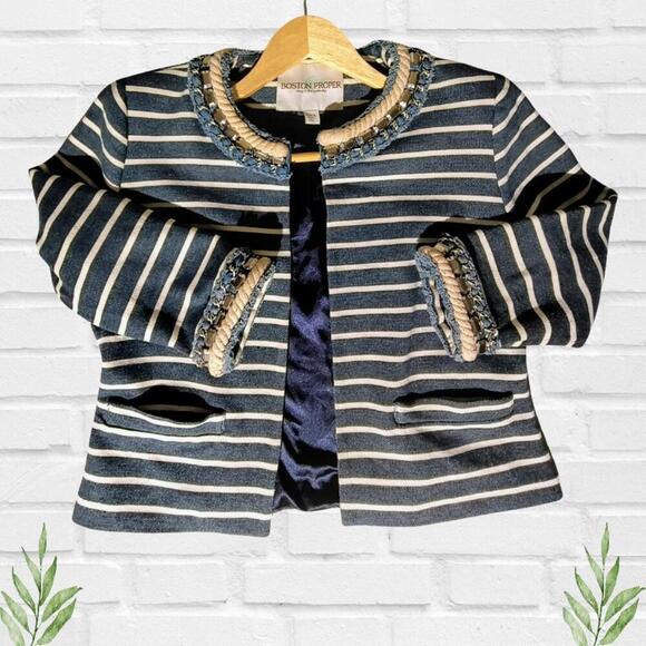 Stylish Boston Proper Women's Striped Rope Chain Jewel‎ Blazer Size 8 - Picture 1 of 14
